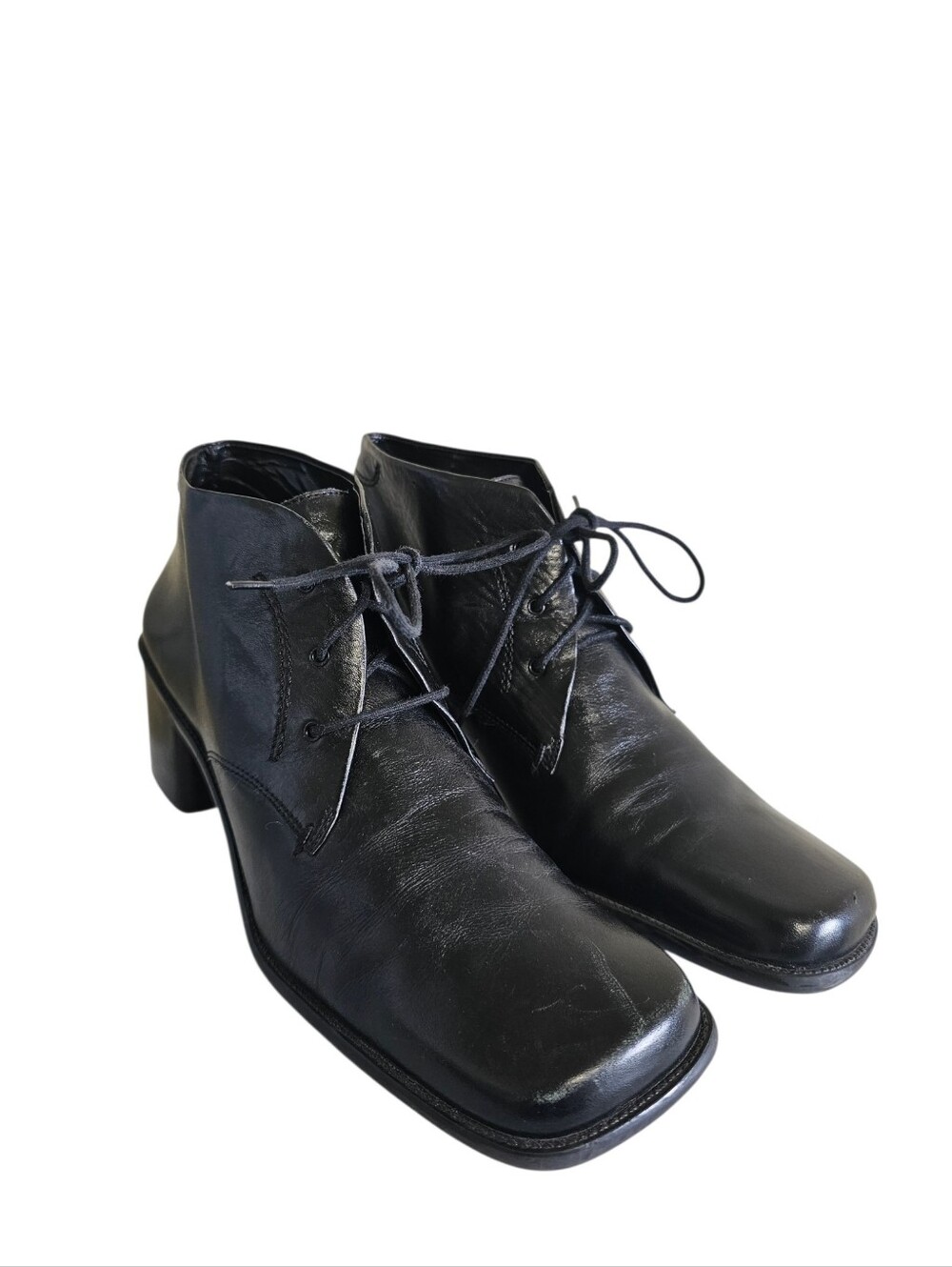 Enzo Angiolini Jerra Black Leather Square Toe Block Heel Lace Up Ankle Boots 8.5
